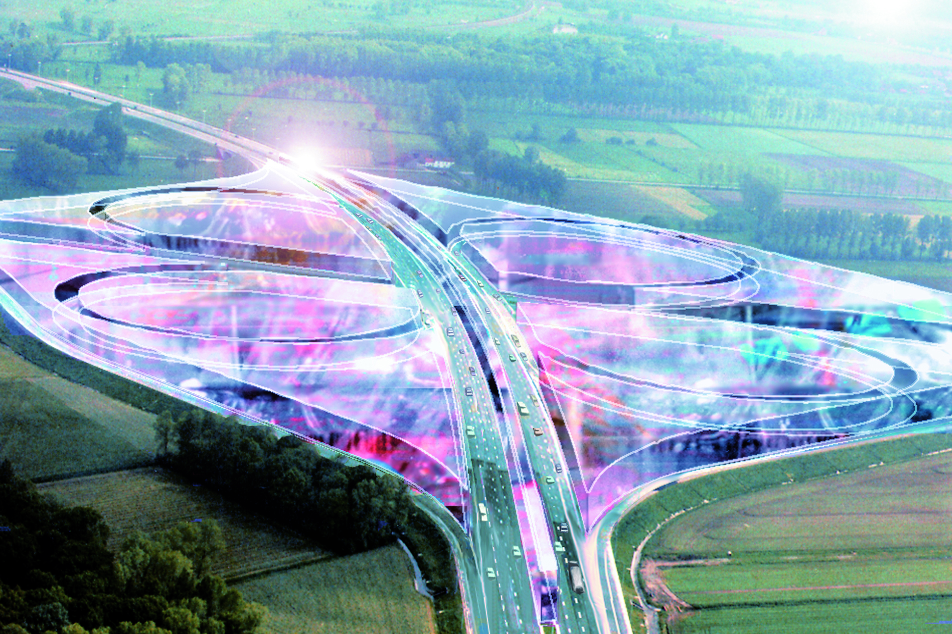 Dirk Coopman, Architect, Intercity highway, economy, underground emission transport, liquid waste, gaseous waste and solid waste, urban planning , autostrade,  automated transport, motorway, autoroute, industrial zones, industrial areas, ecology, motorway junction, motorway intersection, bleu banana logistics becomes green banana