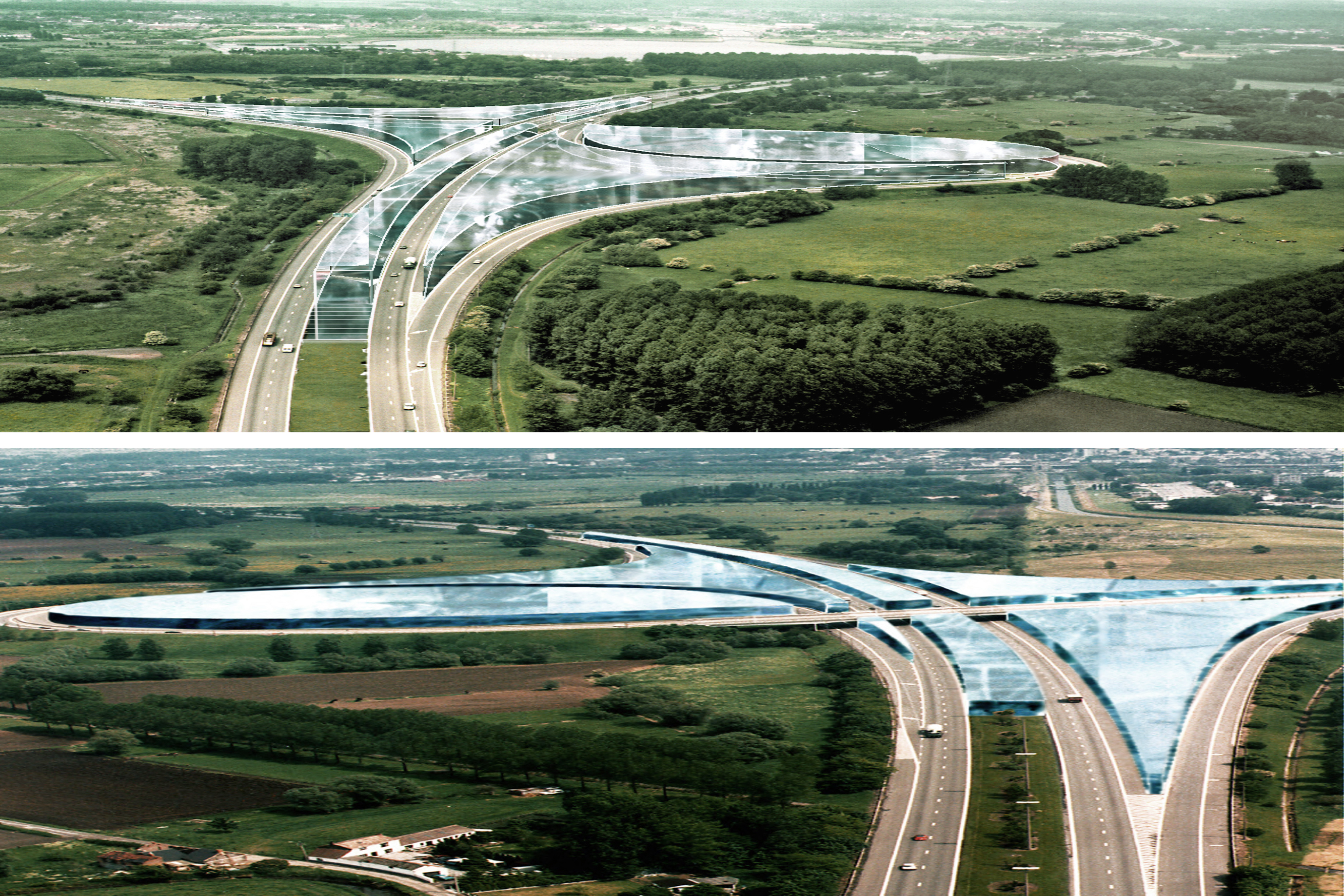 Dirk Coopman, Architect, Intercity highway, economy, underground emission transport, liquid waste, gaseous waste and solid waste, urban planning , autostrade, automated transport, motorway, autoroute, industrial zones, industrial areas, ecology, motorway junction, motorway intersection, bleu banana logistics becomes green banana