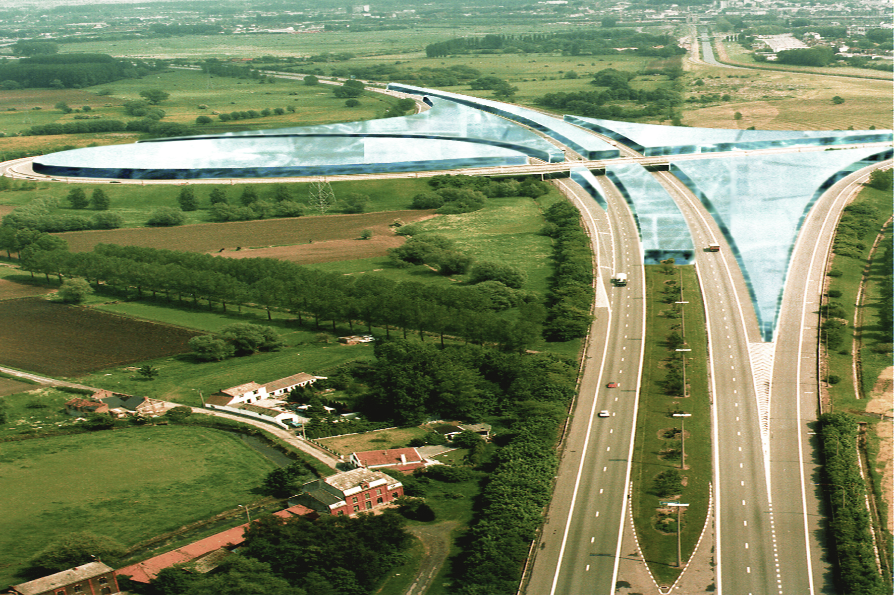 Dirk Coopman, Architect, Intercity highway, economy, underground emission transport, liquid waste, gaseous waste and solid waste, urban planning , autostrade, automated transport, motorway, autoroute, industrial zones, industrial areas, ecology, motorway junction, motorway intersection, bleu banana logistics becomes green banana