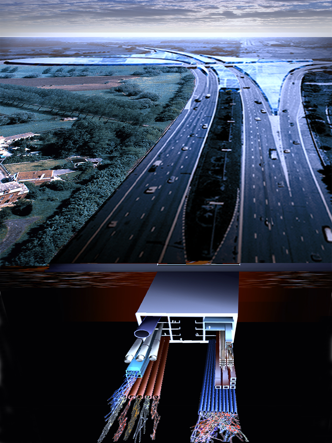 Dirk Coopman, Architect, Intercity highway, economy, underground emission transport, liquid waste, gaseous waste and solid waste, urban planning , autostrade, automated transport, motorway, autoroute, industrial zones, industrial areas, ecology, motorway junction, motorway intersection, bleu banana logistics becomes green banana