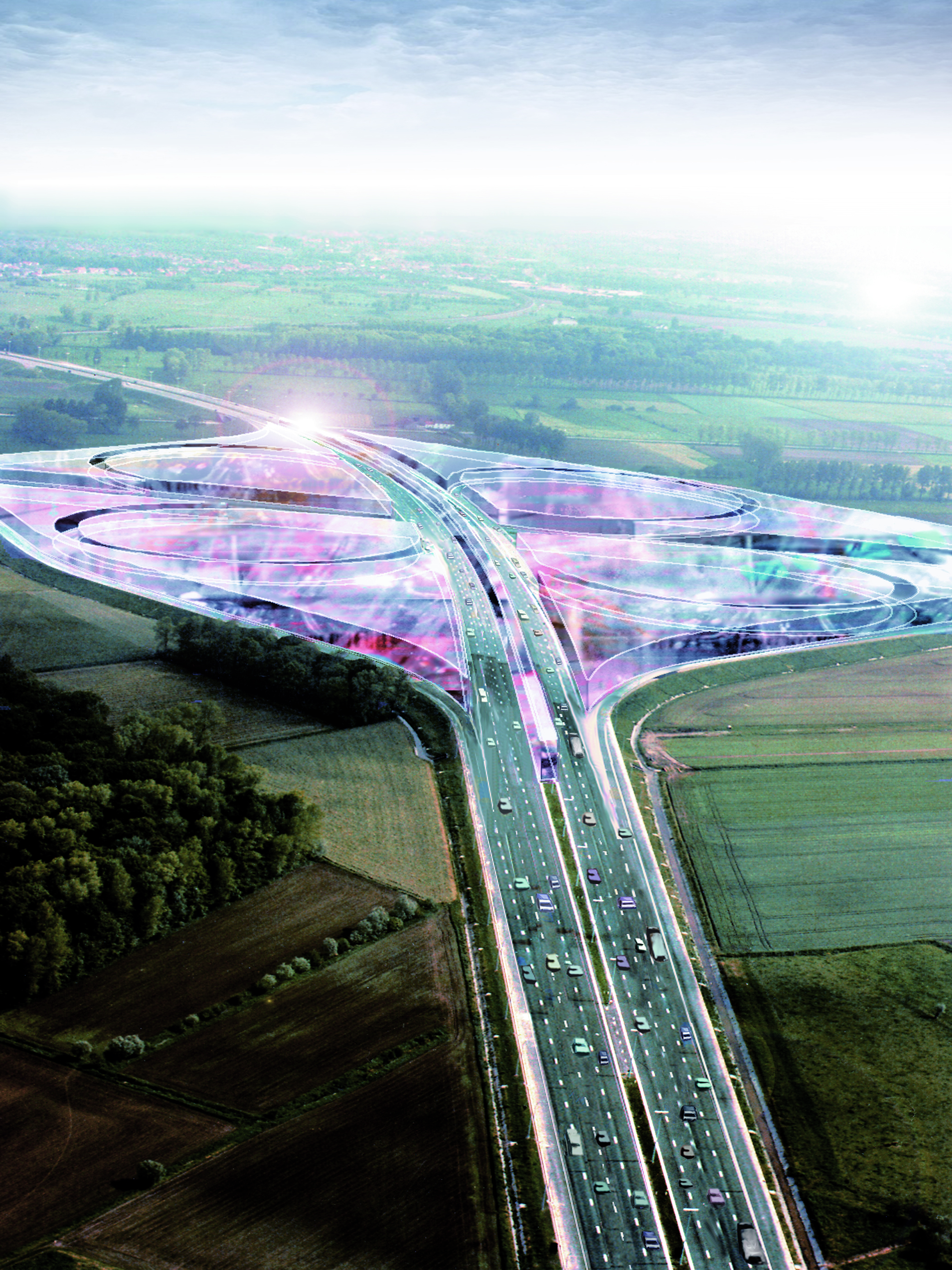 Dirk Coopman, Architect, Intercity highway, economy, underground emission transport, liquid waste, gaseous waste and solid waste, urban planning , autostrade, automated transport, motorway, autoroute, industrial zones, industrial areas, ecology, motorway junction, motorway intersection, bleu banana logistics becomes green banana